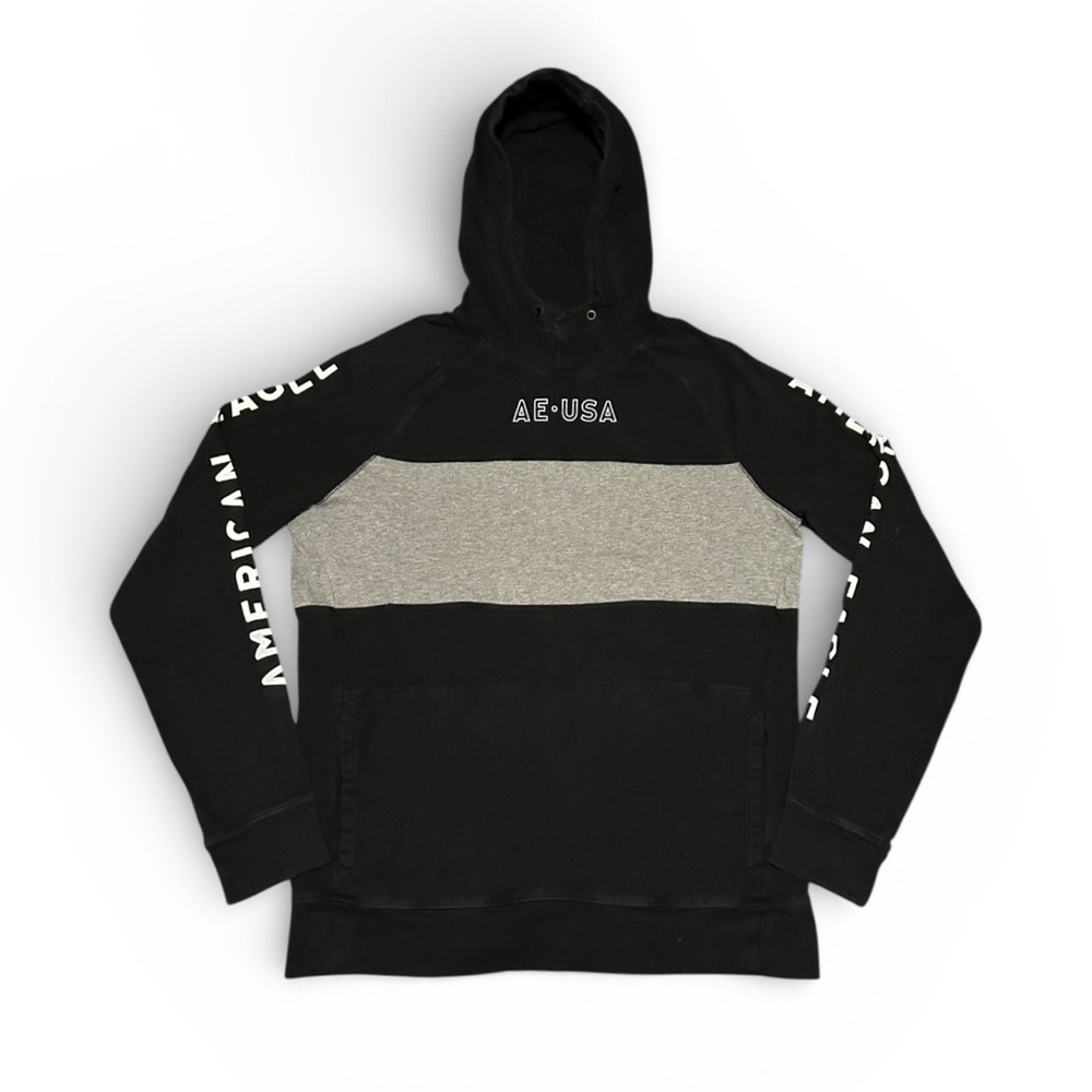 American Eagle Graphic Colorblock Pullover Hoodie Streetwear Casual Black Grey M